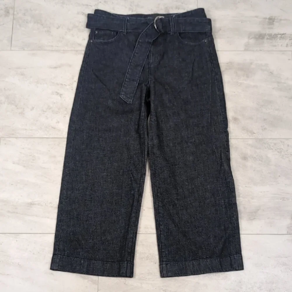 Ann Taylor Wide Leg Denim Trousers Cropped Belted Jeans Womens Size 0